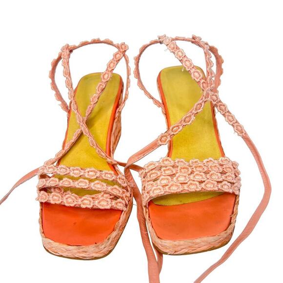Stuart Weitzman Espadrille Wedge Strappy Floral Orange Sandals Size - Picture 6 of 9